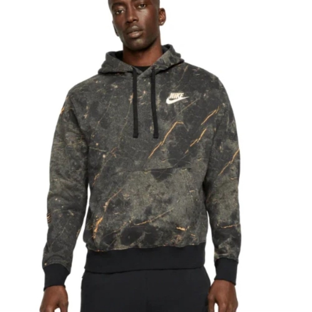 Nike Sportswear Club Fleece Hoodie Mens Small Black Orange Marble Acid Wash Logo